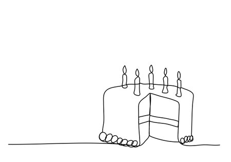 Birthday cake with candles, one line drawing vector illustration.のイラスト素材