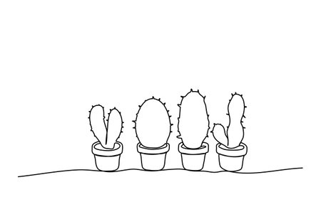 Cactuses in pots, one line drawing vector illustration.のイラスト素材