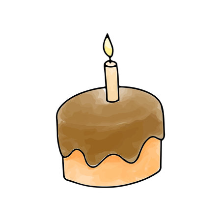 Cake with candle, watercolor doodle element. Vector illustration.