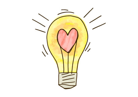 Hand drawn doodle light bulb with heart inside, vector illustration.のイラスト素材