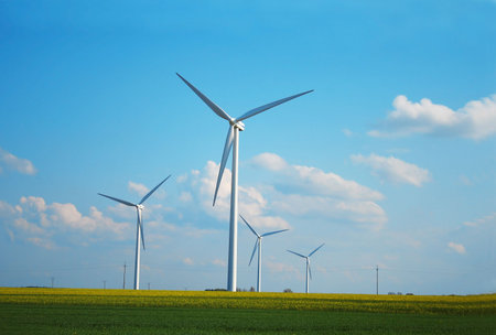 windmills on the meadowの写真素材