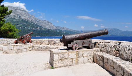 Cannons at medieval fortress in Korcula town, Korcula Island, Croatia.のeditorial素材