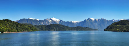 Beautiful panoramic view of Chilean fjords: Aysen fjord and Puerto Chacabuco surrounding area,...