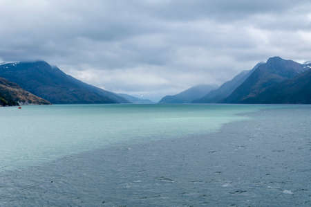 Scenic view of Beagle channel. Place where you can see water from the ocean. Incredible natural phenomenon.の写真素材