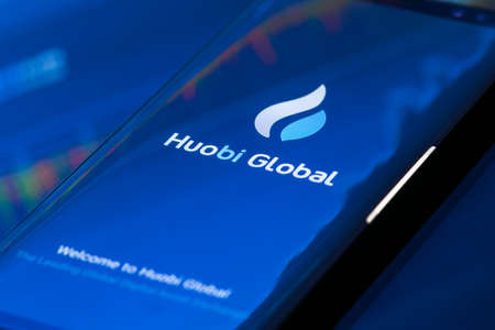 KYRENIA, CYPRUS - SEPTEMBER 21, 2018: Huobi Global mobile app running on smartphone. Huobi - one of the largest cryptocurrency exchange on the market.のeditorial素材