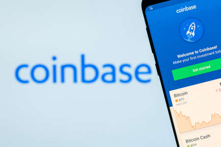 KYRENIA, CYPRUS - OCTOBER 3, 2018: Coinbase mobile application running on smartphone. Coinbase is a cryptocurrency trading platformのeditorial素材