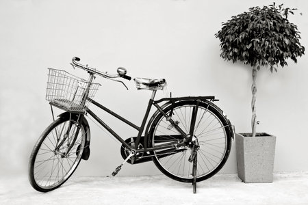 Retro bicycle with basket in black and white の写真素材