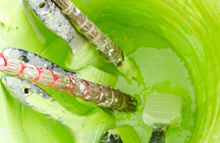 paintbrush in green paint bucketの写真素材