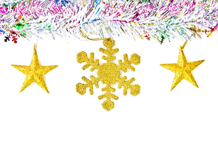 Christmas tree decoration with gold five star on white backgroundの写真素材