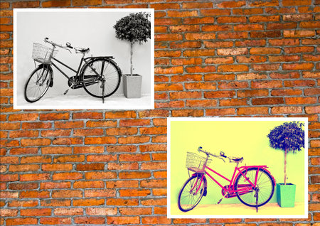 Classic bicycle photo on brick wall.の写真素材