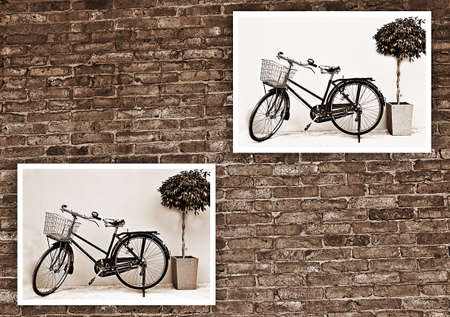 Black and white photo of Vintage bicycle photo hang on old brick wall.の写真素材
