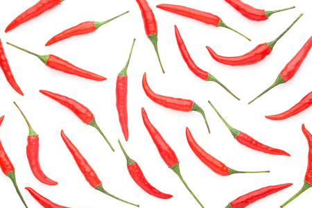 Fresh raw red chilli peppers on white background, isolated, full depth of fieldの写真素材