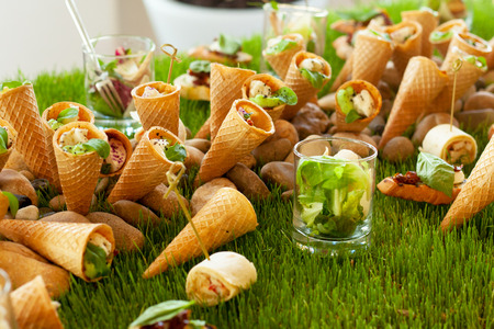 creative fruit drinks and snack on the creative grass tableの写真素材