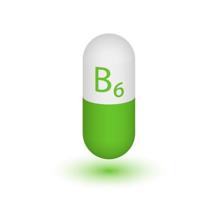 Icon tablets of vitamin B6. Pyridoxine supply. Adermin. Two-tone capsule on a white background. Vector illustration. Design element.の写真素材
