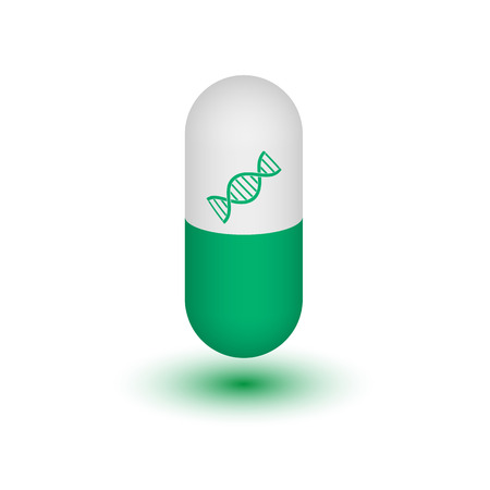 The capsule with the DNA icon. Two-tone pill on white background. Vector image. Design element.のイラスト素材