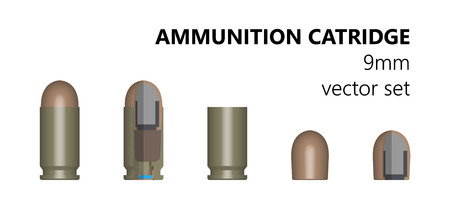 Single bullet. 9mm bullet on a white background. Stock illlyustratsiya. Design element. The three-dimensional object from different angles. The cartridge in the section. The structure of the munition.のイラスト素材