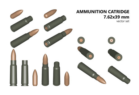 Cartridges for automatic rifle. The bullet and shell. Cartridge 7.62. The munition in the context. Pictured: bullet nosed, cartridge, gunpowder. Isolated on a white background.のイラスト素材