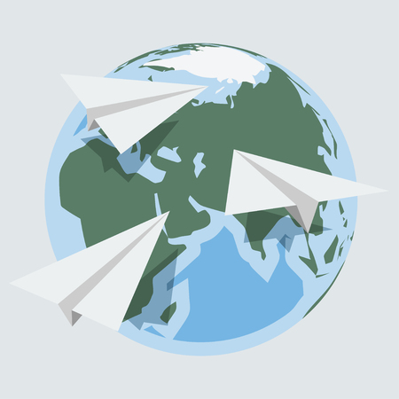 Vector globe and paper planes  in 'flat' styleのイラスト素材