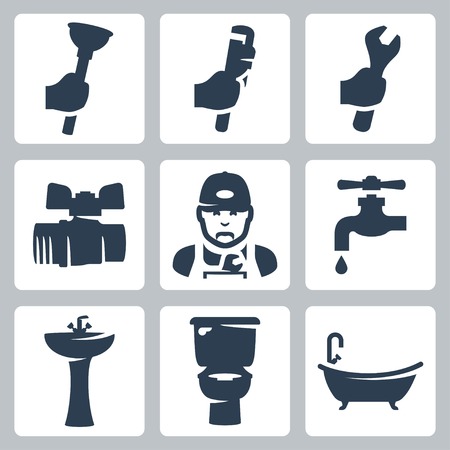 Vector plumbing icons set: plunger, adjustable wrench, spanner, ball cock, plumber, faucet, washbasin, toilet bowl, bathtubのイラスト素材