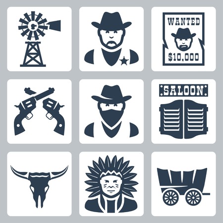 Vector isolated western icons set: windmill, sheriff, wanted poster, revolvers, bandit, saloon, longhorn skull, indian chief, prairie schoonerのイラスト素材