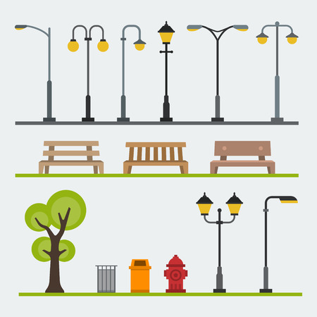 Light posts and outdoor elements for construction of landscapes. Vector flat illustrationのイラスト素材