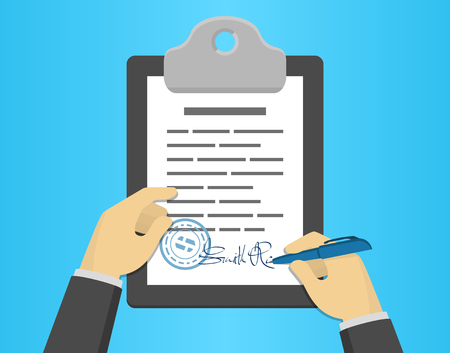 Hand signing document on a clipboard, flat design styleのイラスト素材