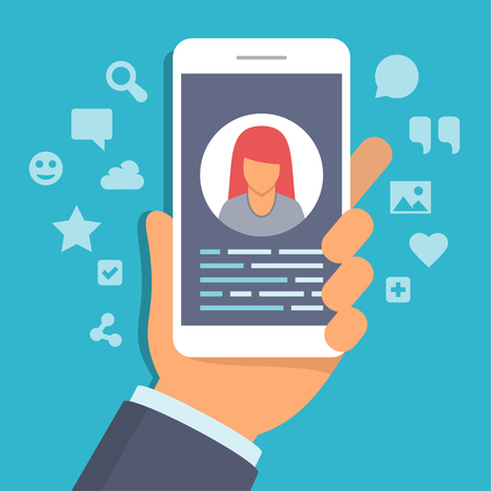Hand holding phone with social network service app running, flat design illustrationのイラスト素材