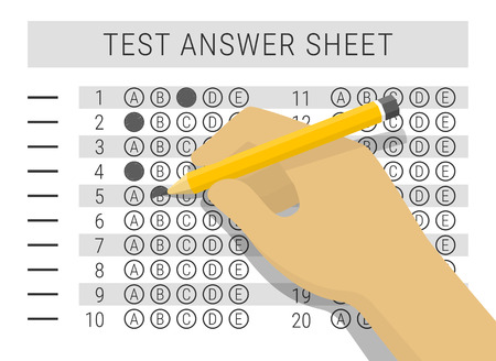 Hand with pencil filling out answers on exam test answer sheet, flat style vector illustrationのイラスト素材
