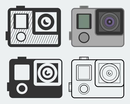 Action camera vector icons as silhouettes, in thin line style and flat designのイラスト素材