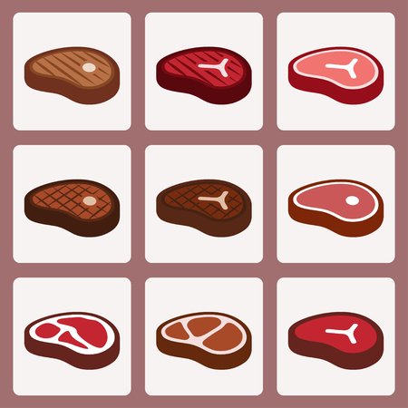 Raw and fried steaks vector icon setのイラスト素材