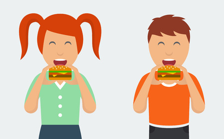 Happy girl and boy eating big hamburgers. Flat style vector illustrationのイラスト素材