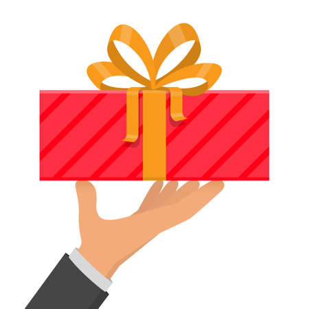 Hand holding red gift box with yellow ribbon, vector illustrationのイラスト素材