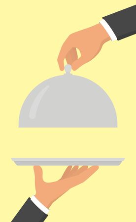 Open food serving tray in hand. Vector illustration in flat styleのイラスト素材