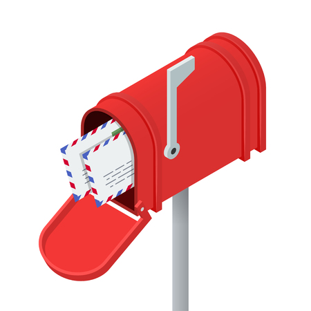 Open red mailbox and letters in it. Isometric vector illustrationのイラスト素材