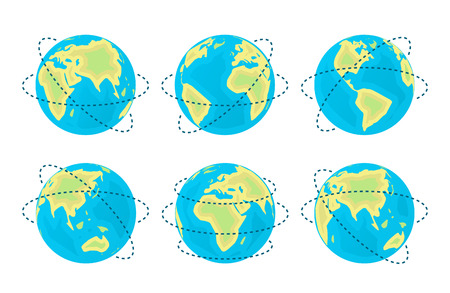 Earth planet in different positions and axes around it. Vector illustration in flat styleのイラスト素材