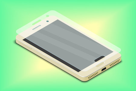 Screen protective glass over smartphone on green and yellow background. Isometric vector illustrationのイラスト素材