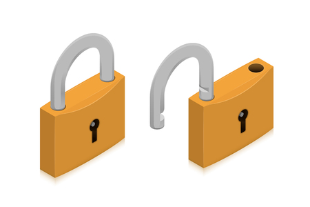 Closed and open locks. Isometric vector illustrationのイラスト素材