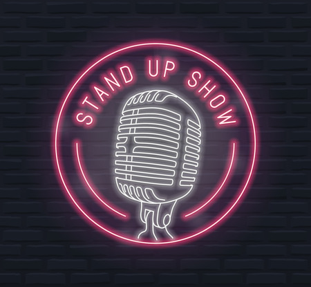 Stand up show vector neon sign with retro microphoneのイラスト素材