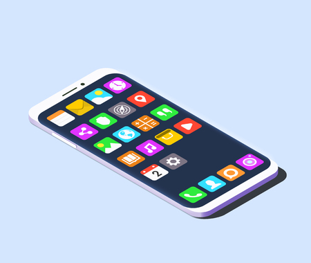 Modern smartphone with applications on its screen. Isometric vector illustrationのイラスト素材