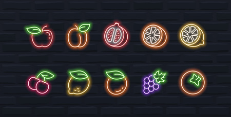Vector fruits icon set in outline neon style #1のイラスト素材