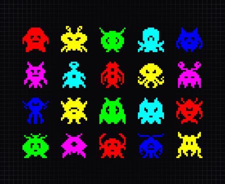 Set of Colorful Pixel Art Monsters or Aliensのイラスト素材