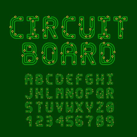 Circuit Board Style Vector Latin Font. Letters and Numbers made of conductive tracksのイラスト素材