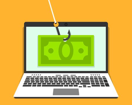 Laptop with money bill on hook on the screen. Phishing concept. Vector illustration in flat styleのイラスト素材