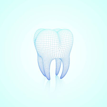 Light Blue Abstract Vector Wireframe Polygonal Mesh Tooth With Reflection, Three-Quarter Front Angle Viewのイラスト素材