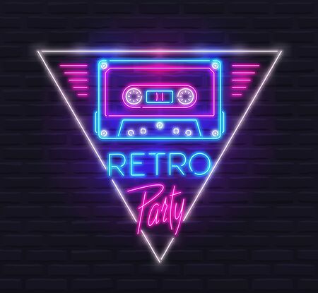 Neon Sign of Tape Cassette in Triangle with 'Retro Party' Text in Style of 80s. Design Templateのイラスト素材