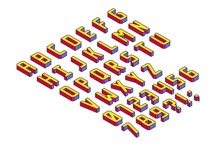 Bright and Colorful Cubic and Blocky Isometric Font. Letters and Numbersのイラスト素材