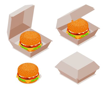 Burger with Open and Closed Cardboard Box. Isometric Vector Illustrationのイラスト素材