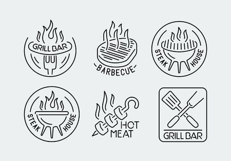 Grill and barbecue logos set in outline styleのイラスト素材