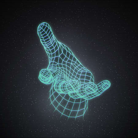 Retro 80s Futuristic Deep Space Design. Polygonal Human Hand With Offering Help Gestureのイラスト素材