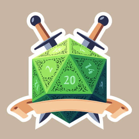 Green D20 Die With Beige Ribbon and Swords. Flat Styleのイラスト素材